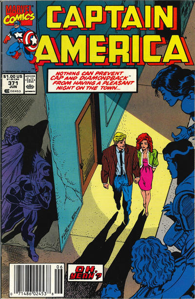 Captain America and Diamondback, in their civilian identities are strolling down the street as three members of the Serpent Society watch from a rooftop nearby while two other villains lay in wait around the corner